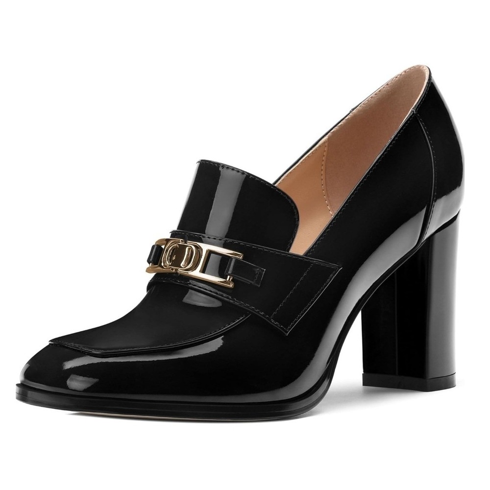 MisaeMila Womens‎ Black Patent Leather Heeled Loafers Block Shoes Womens 9 NEW